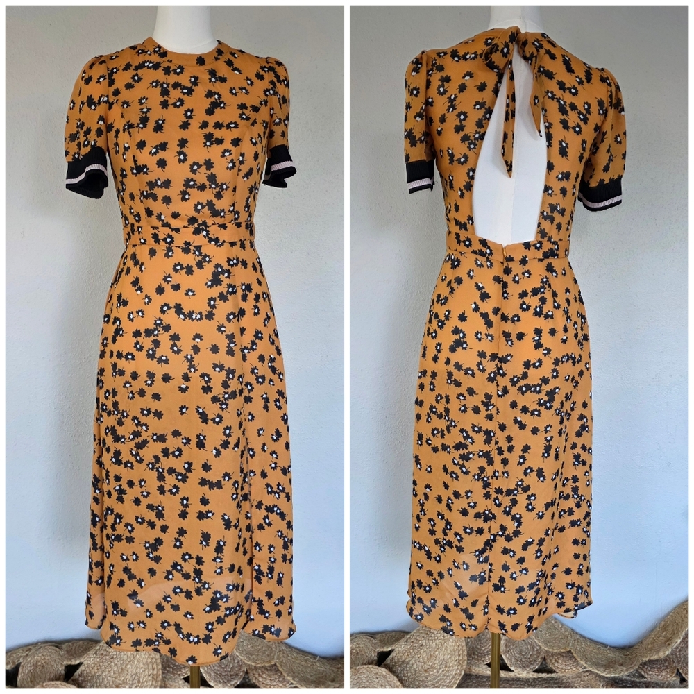 Saylor Mustard Floral Open Back Midi Dress Size Small Puff Sleeve Tie Back S - Picture 2 of 8